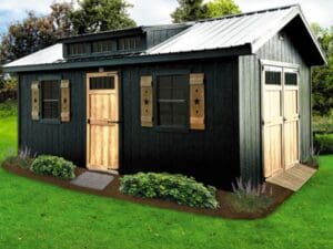 Dark green storage barn with metal roof, wooden double doors, and decorative star shutters, set on a landscaped lawn.