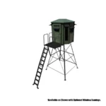 Redneck elevated hunting blind with dark green exterior.