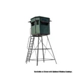 Redneck elevated hunting blind with dark green exterior.
