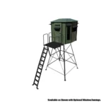 Redneck elevated hunting blind with dark green exterior.