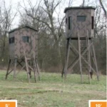 County Line wooden hunting blinds dark brown made with durable materials. Outside on hunting property, showcasing a five foot hunting blind and a ten foot hunting blind.