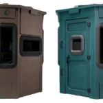 Titan hunting blinds with brown and dark green exterior