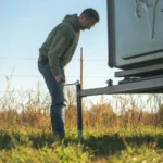 A man braces his trailer for hunting blind to be lifted using jack stands