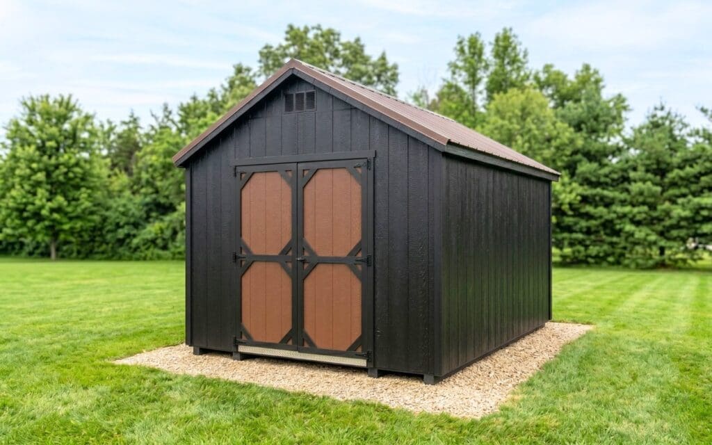 Economy Barn black Storage Shed with black trim and double wooden doors