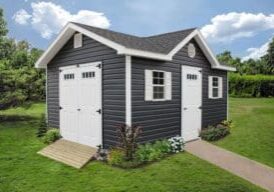 Custom backyard shed dark grey with white doors and accents.