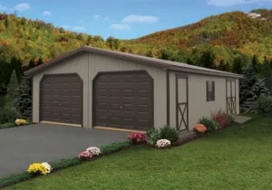 Large custom double door garage shed in a mountain background.